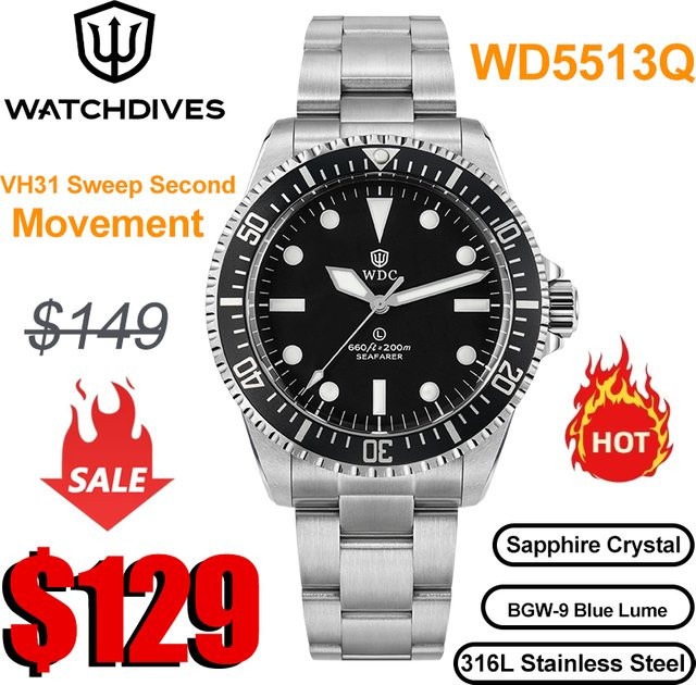 Watchdives Armbanduhr, Edelstahl, Saphirglas, Schwarz, Unisex - Bild 1