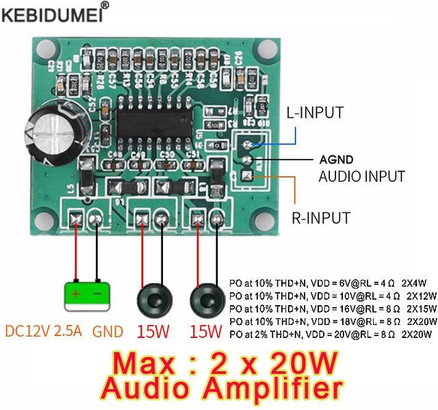 Kebidumei Dual Channel Digital Stereo Audio Verstärker Modul, 40W MP3 Verstärkung, 2*20W, DC12V, Grün - Bild 1