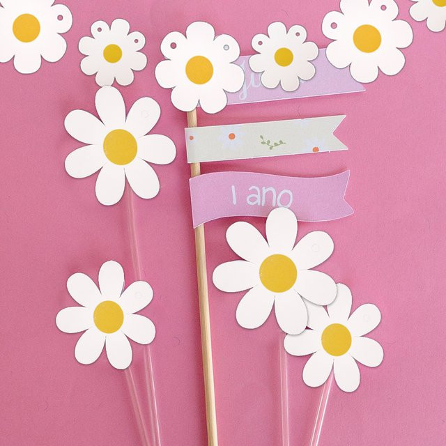 Gänseblümchen-Blumen-Serie Papierbanner und Aufkleber Set in Mehrfarbig für Party-Dekorationen wie Geburtstag, Babyparty oder Hochzeit - Bild 1