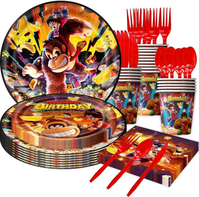 Potdemiel Donkey Kong Geburtstagsdekoration Set mit Ballons, Bechern, Tellern, Servietten und Tischdecke in Multicolour - Bild 1
