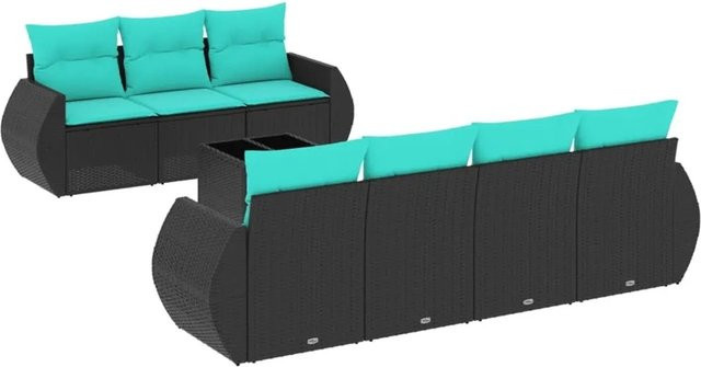 vidaXL 8-tlg. Gartensofa-Set in L-Form mit Polyrattan und Kissen, Schwarz und Blau - Bild 1