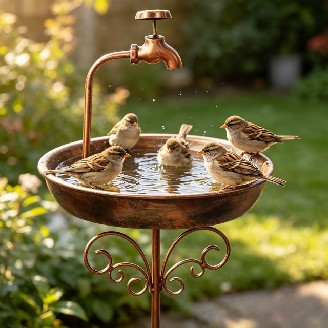 Kupferfarbenes Vogelbad und Futterstation aus Metall in Braun für den Garten mit 5 stabilen Beinen - Bild 1