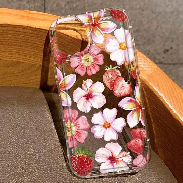 SZHXNOR Handyhülle mit Erdbeer-Hibiskus-Blumenmuster für iPhone 17 16 15 14 13 12 11 Pro Max, transparente stoßfeste Hülle mit niedlichem Frucht- und Blumendruck - Bild 1