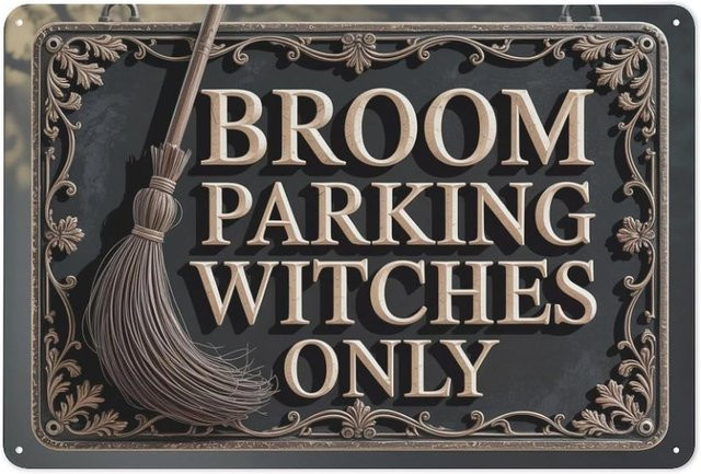HELLOYOUNG Vintage Halloween Metallschild Besen Parking Witches Only, Mehrfarbig, B/H: 30 x 20 cm - Bild 1