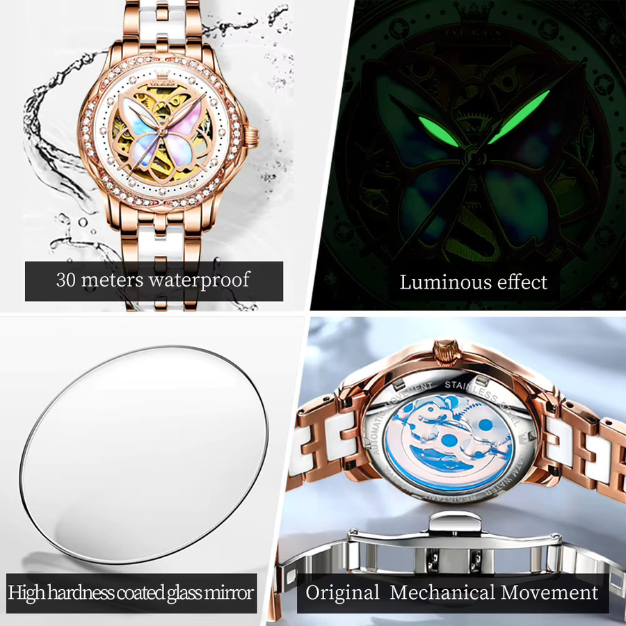 OLEVS Armbanduhr Automatik, Edelstahl, Roségold, Diamant, Zirkonia, Damen - Bild 3