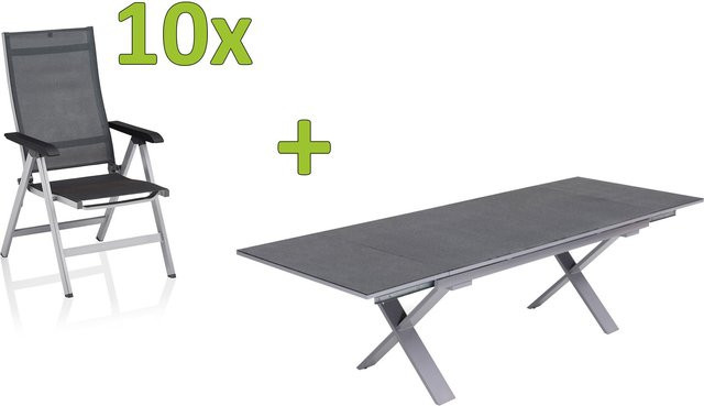 Kettler BasicPlus Premium Garten-Essgruppe aus Aluminium und Textilene in Silber mit 10 Klappstühlen und ausziehbarer Tischplatte mit Einscheibensicherheitsglas, Tisch Breite: 180 cm bis 280 cm - Bild 1