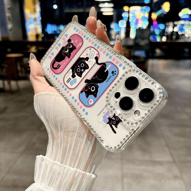 Bling Diamond Handyhülle für iPhone 17 Pro Max 16 15 14 13 12 11 Air mit schwarzer Katze, stoßfeste Silikonhülle, Schwarz/Transparent - Bild 1