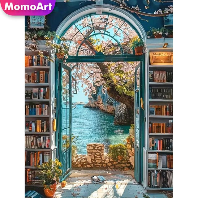 Momoart 5D DIY Diamantmalerei Buchhandlung Tür-Landschaft als Runddiamant-Mosaik Bastelset in Multicolour, B/H: 30 x 30 cm - Bild 1