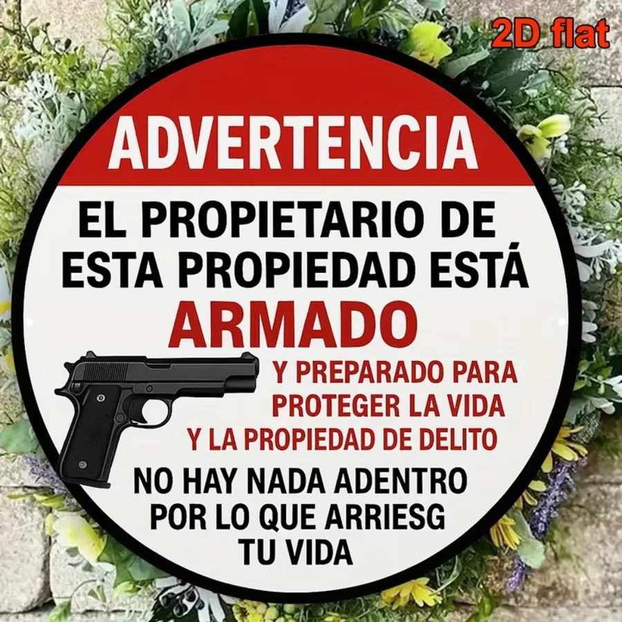Bilinguales Spanisch-Englisch Aluminium-Schild Armed Homeowner im Vintage-Stil von CIFBUY, rund, Durchmesser: 20,32 cm - Bild 4