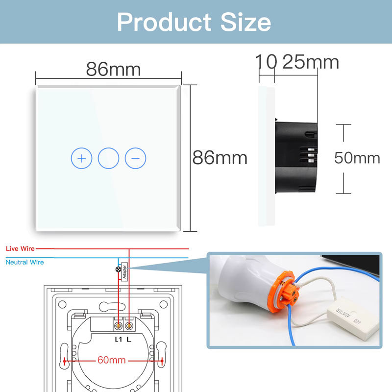 BSEED Touchscreen-Dimmer mit Glasscheibe, 1 Gang, 2-Wege, LED-dimmbar, Weiß und Schwarz, 10 A - Bild 4