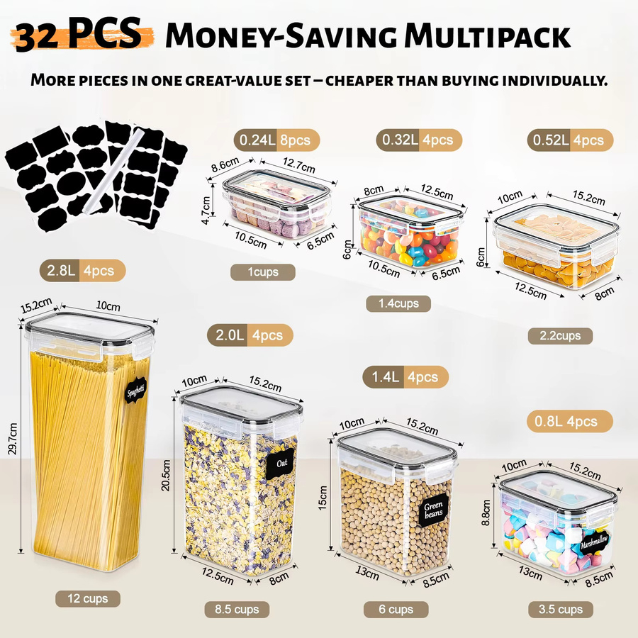 PNNP Vorratsdosen Set 32-teilig aus Kunststoff, transparent, luftdicht und stapelbar, BPA-frei, inkl. Etiketten und Markern, Gesamtvolumen 32,28 l - Bild 2
