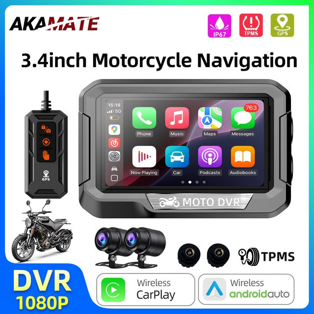 AKAMATE Motorrad Navigation Monitor mit 3,4 Zoll HD Digital Display, CarPlay, Android Auto und Bluetooth, wasserdicht, Schwarz - Bild 1