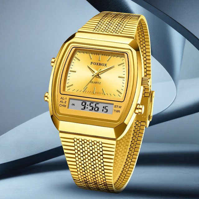 FOXBOX Herren-Armbanduhr, Quarz, Digitalanzeige, Silikon, Gold, Alarm - Bild 1