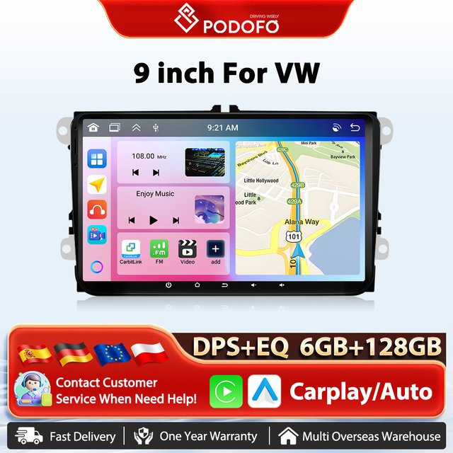 Podofo Android Auto und Wireless CarPlay Autoradio mit GPS Navigation, AI Sprachsteuerung und Multimedia Player in Schwarz - Bild 1
