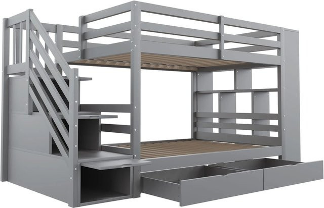 Merax Etagenbett für Kinder aus Kiefer und MDF mit Treppe und Schubladen, Grau/Weiß, B/T/H: 200 x 90 x 176,5 cm - Bild 1