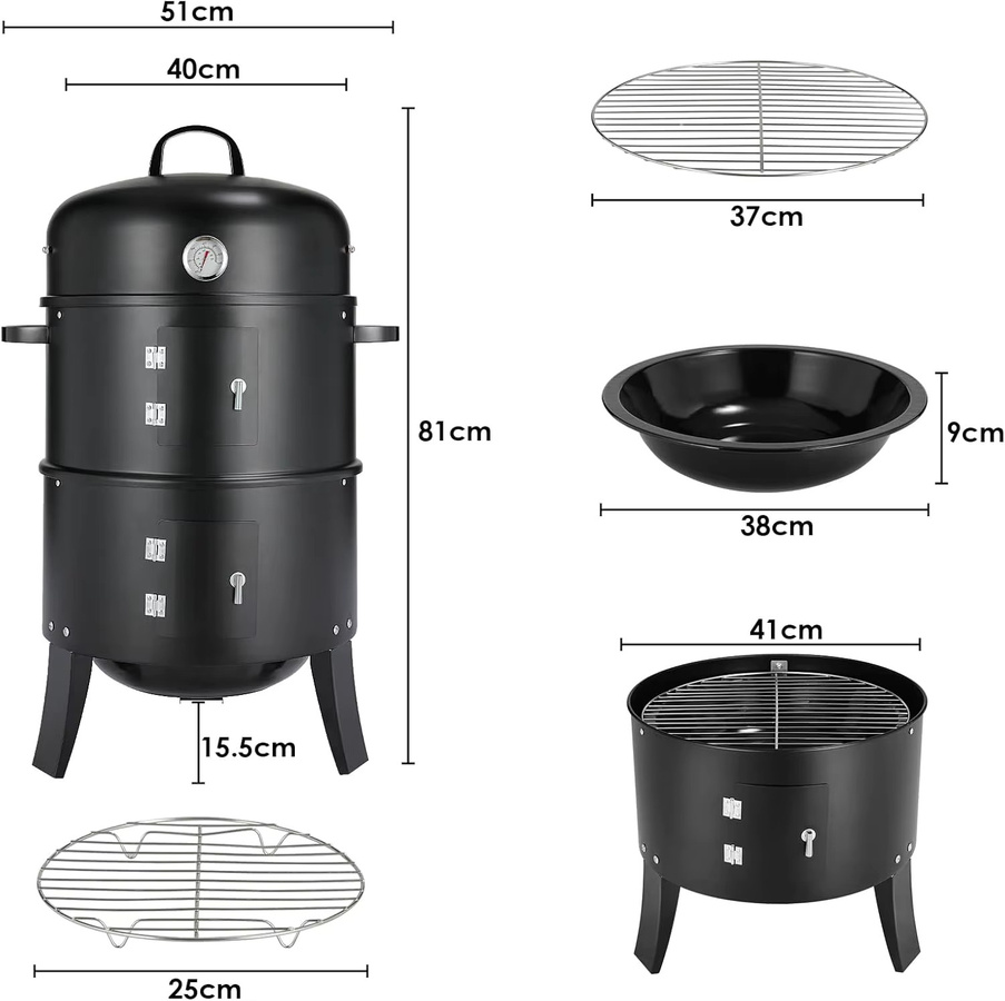 Tragbarer 3-in-1 Vertikal-Holzkohlegrill und Räuchergrill aus Edelstahl in Schwarz mit integriertem Thermometer und einstellbarem Entlüftungssystem, H: 81,0 cm, B: 51,0 cm, T: 51,0 cm - Bild 4