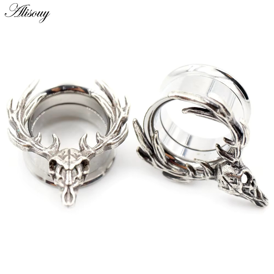 Alisouy Ohrringe Totenkopf Hirschohr, Edelstahl, Silber - Bild 2