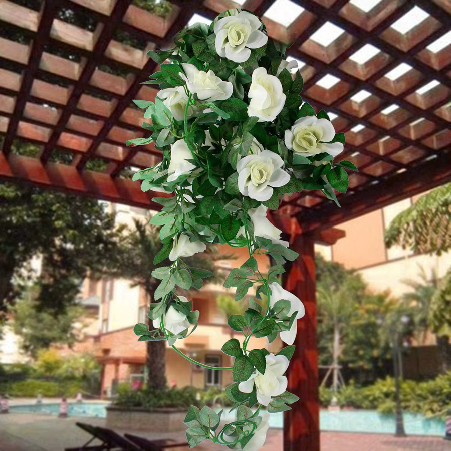 XIAOYINMO Künstliche Seidenrosen Girlande mit Blättern in Weiß und Gold zur Wanddekoration für Hochzeit und Zuhause - Bild 3