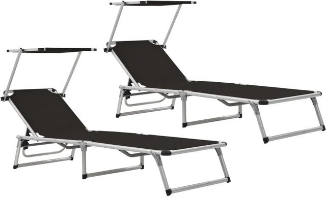Furnicato Set aus 2 klappbaren Sonnenliegen mit Sonnendach aus Textilene und pulverbeschichtetem Aluminium in Schwarz - Bild 1