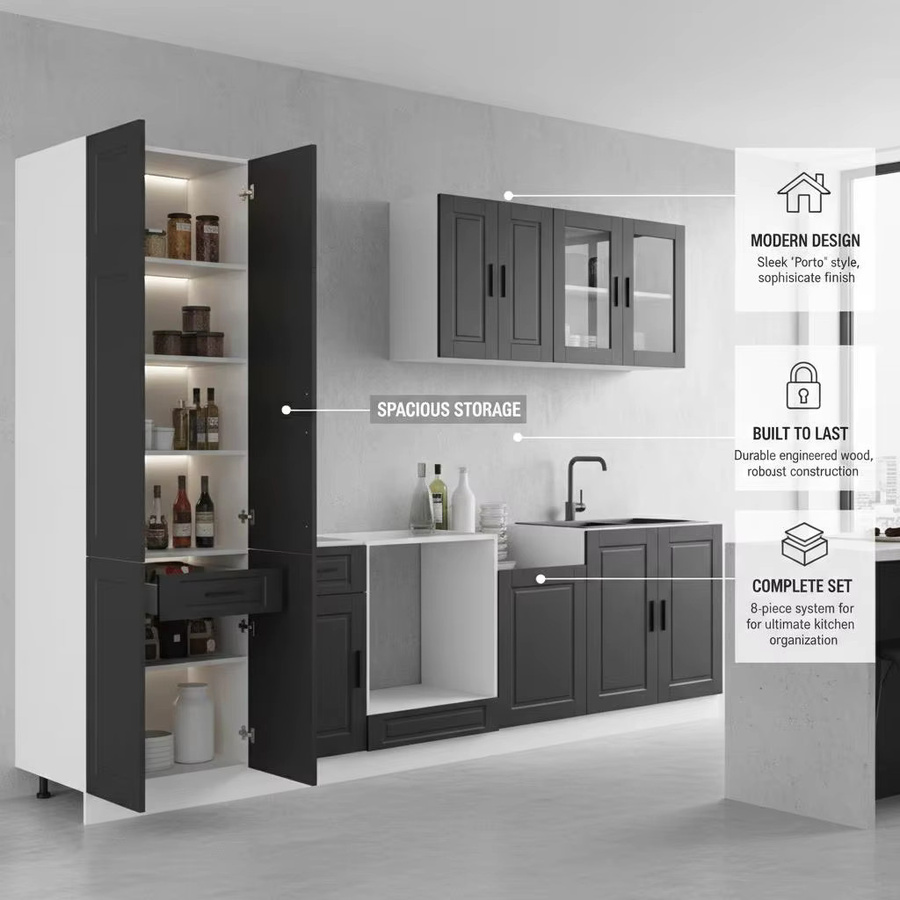 8-teiliges Porto Küchenmöbelset aus technischem Holz in Schwarz für dein Esszimmer - Bild 3