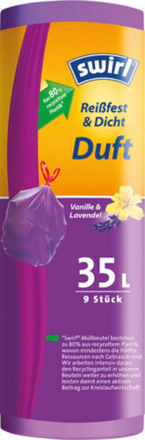 Melitta Swirl Duft-Müllbeutel mit Zugband, Vanille & Lavendel, violett/blickdicht, 35 Liter, B: 55 cm, H: 63 cm, 9 Stück - Bild 1