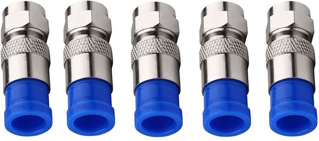 F Typ RG6 Kompressionsanschlüsse Adapter für Satelliten- und Kabelfernseher in Blau und Silber - Bild 1