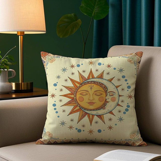Retro Sonne und Mond Kissenbezug aus kurzem Plüsch in Beige, B/H: 40 x 40 cm - Bild 1