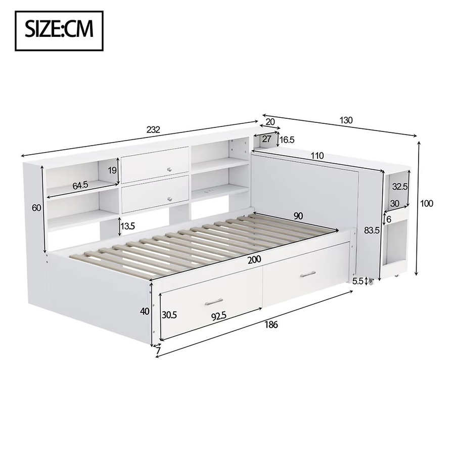 KOMHTOM Schlafsofa in Weiß mit USB-Ladestation, Regalen, ausziehbarem Schreibtisch und 4 Schubladen, B/T/H: 90 x 200 cm - Bild 2