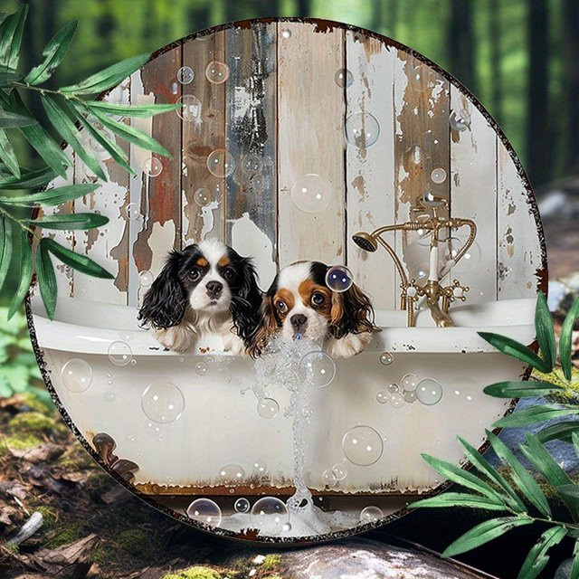 Rundes Aluminiumschild von Potdemiel mit Cavalier King Charles Spaniels im Badewannendesign, Durchmesser: 20,3 cm, Mehrfarbig - Bild 1