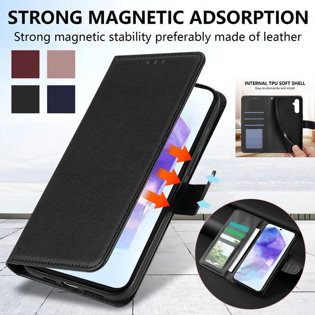 Lederne Brieftasche mit Kartenfach und Ständer als magnetische Klapphülle für Samsung Galaxy A27 A37 A57 in Schwarz oder Rot - Bild 1