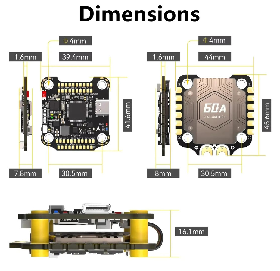 NeebRC F405 V4 F4 Flugsteuerung mit BLS 4-in-1 55/60A ESC Stack für RC FPV Racing Drohnen, 3-6S, 30x30 mm, Schwarz - Bild 2
