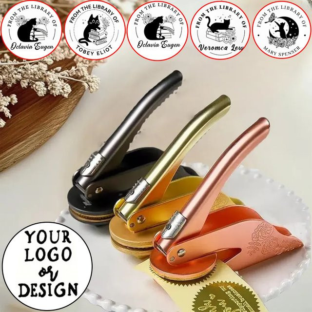 Personalisierter Embosser-Stempel mit Katzenmuster für deine individuelle Bibliothek, schwarzes Metalldesign für Bücher und Hochzeiten - Bild 1