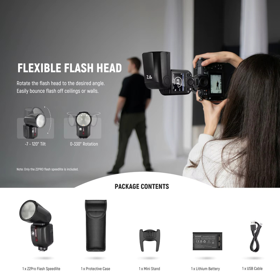 NEEWER Z2 PRO 2.4G TTL Rundkopf-Blitz Speedlite in Schwarz, kompatibel mit Sony, Nikon, Canon und Godox-Systemen - Bild 2