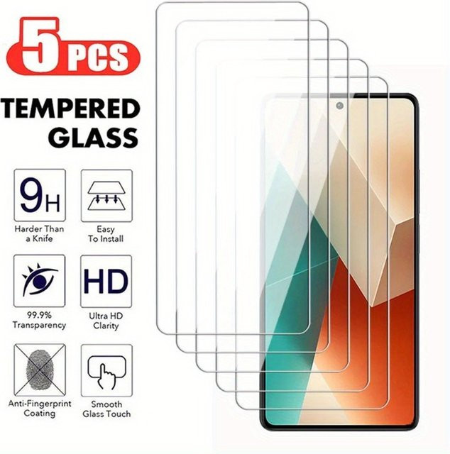 5 Stück Xiaomi Full Cover Displayschutzfolien aus gehärtetem Glas, transparent, passend für Redmi Note 14 13 Pro Plus 12 Pro 11S 11 10 9 8 Pro Max - Bild 1