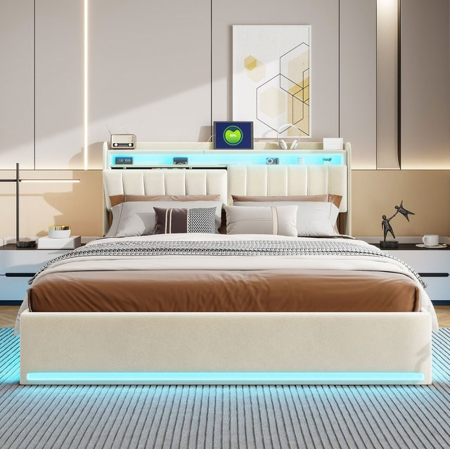 Roshanda Polsterbett mit LED, USB-Anschluss und Stauraum, Samt, Grau, B/T/H: 140 x 190 x 200 cm - Bild 1