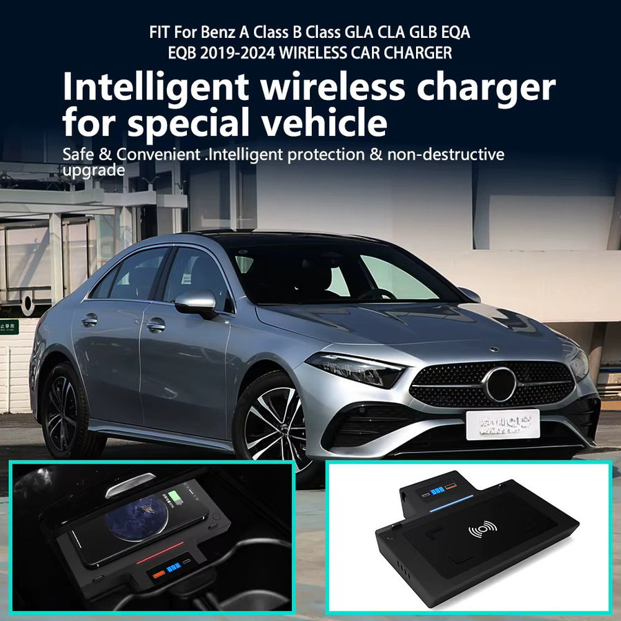 Icreative Qi 15W Schnellladepad für iPhone, kabelloses Induktionsladegerät für Mercedes Benz A-Klasse, B-Klasse, GLB, CLA, GLA, EQA, EQB (2015-2018), Schwarz - Bild 2