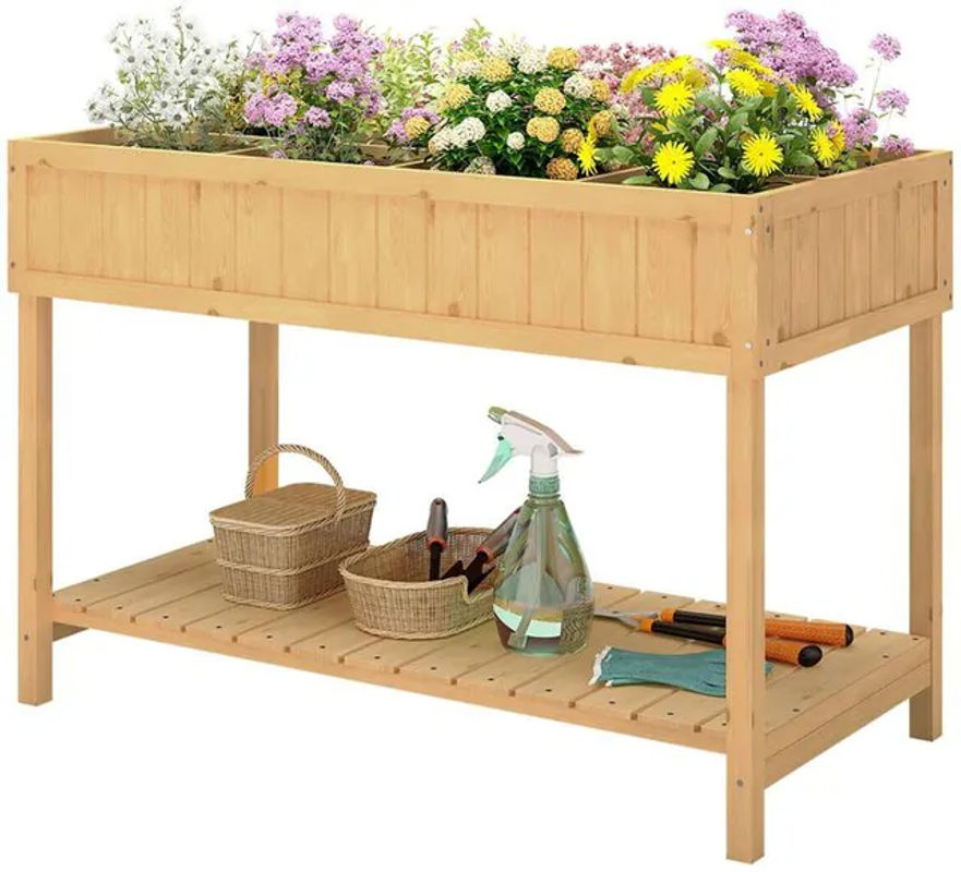 Outsunny Pflanztisch Hochbeet aus Massivholz Tanne in Naturholz mit 8 Fächern und Ablage, B/T/H: 110 x 46 x 76 cm - Bild 3