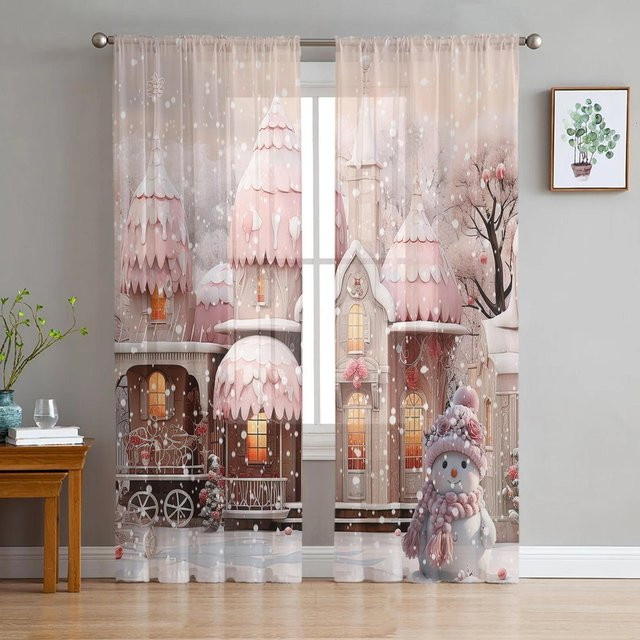 Transparente Weihnachts-Fenstervorhänge mit Schneemann- und Schneeszene-Motiv in Grau und Rosa, Tüll-Voile-Vorhang für Wohnzimmer und Küche, Breite: 135 cm, Höhe: 115 cm - Bild 1