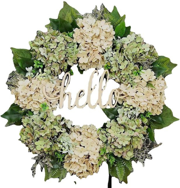 Künstlicher Hortensienkranz in Grün und Beige als florale Wanddekoration für Hochzeit, Geburtstag oder Party - Bild 1