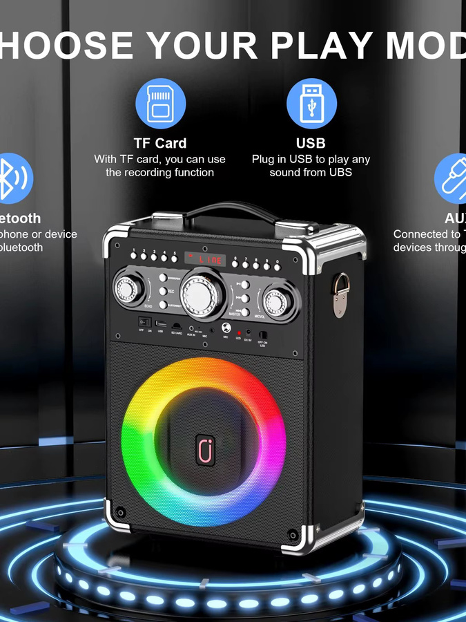 FanFun S8-T Karaoke-Maschine mit 3 kabellosen Mikrofonen, Bluetooth Karaoke-Lautsprecher und tragbares PA-System in Schwarz - Bild 6