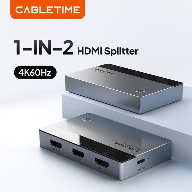 CABLETIME HDMI Splitter 1 auf 2 Out mit 4K UHD 60Hz für HDTV, Monitor und Konsole - Bild 1