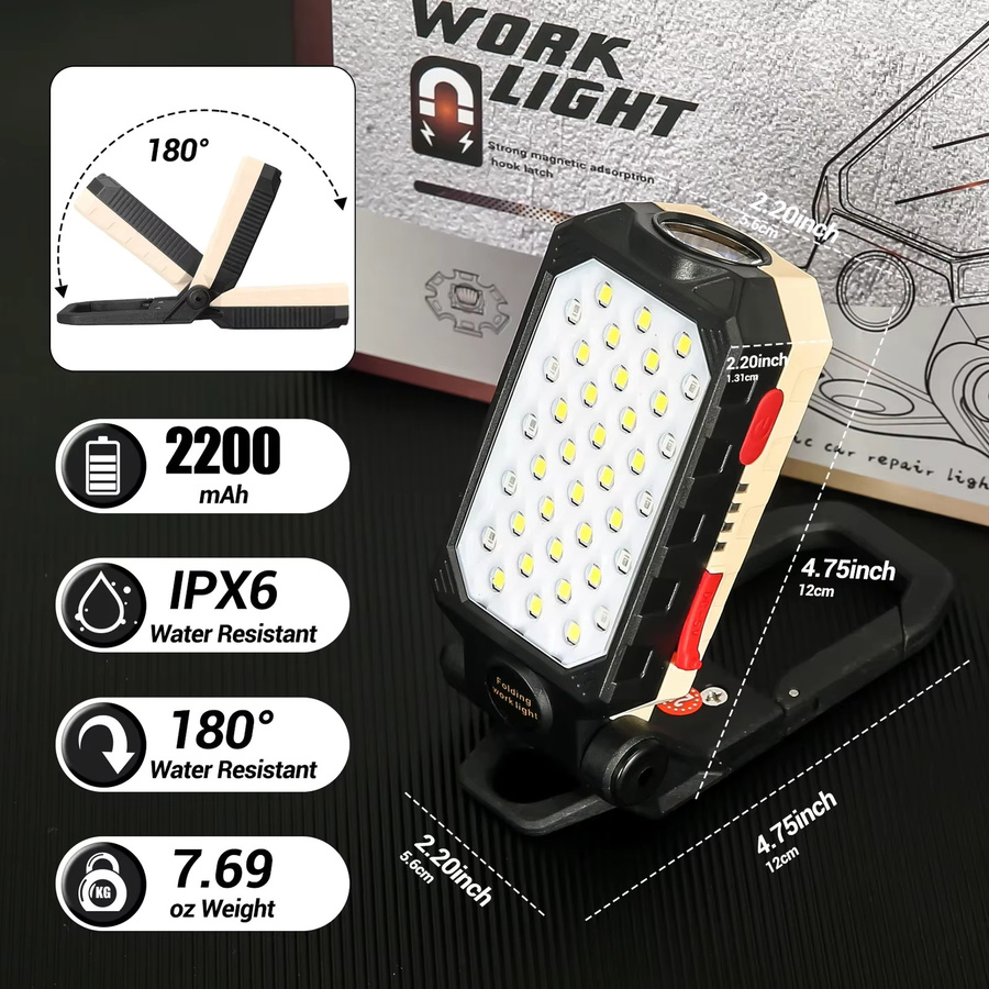 XIWANGFIRE Wiederaufladbare LED COB Arbeitsleuchte mit Magnet, wasserdichte Camping-Laterne in Schwarz mit Power-Display - Bild 5