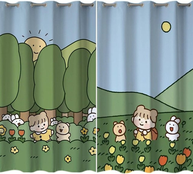 Yiran Furniture Verdunkelungsvorhang für Kinderzimmer mit japanischer Cartoon-Illustration, Mehrfarbig, B: 55 cm, H: 120 cm, 2er-Set - Bild 1