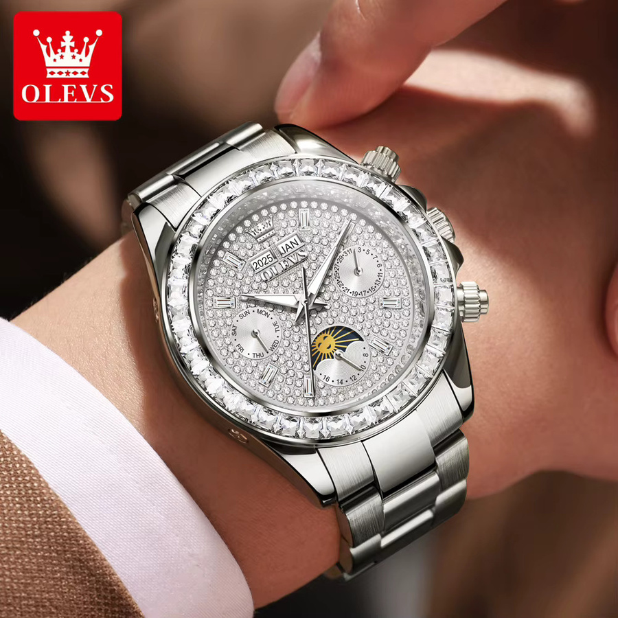 OLEVS Armbanduhr, Automatik, Gold, Edelstahl, Diamant, Mondphase, Herren - Bild 6