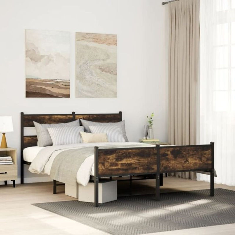 vidaxl Doppelbett Bettgestell ohne Matratze in Räuchereiche Braun aus Holzwerkstoff und Stahl B/T/H: 150 x 200 cm - Bild 1