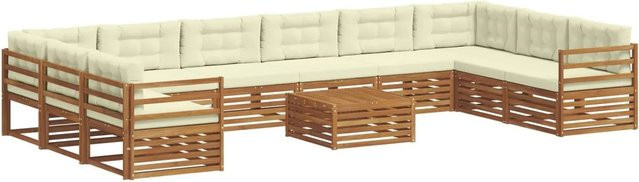 vidaXL Sofagarnitur 11-teilig in U-Form aus Massivholz Akazie mit Polsterung in Creme und Beige - Bild 1