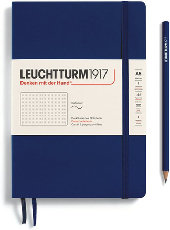 LEUCHTTURM1917 Notizbuch Medium Softcover A5 Dotted in Marine Blau mit Verschlussgummi und 2 Lesezeichen
