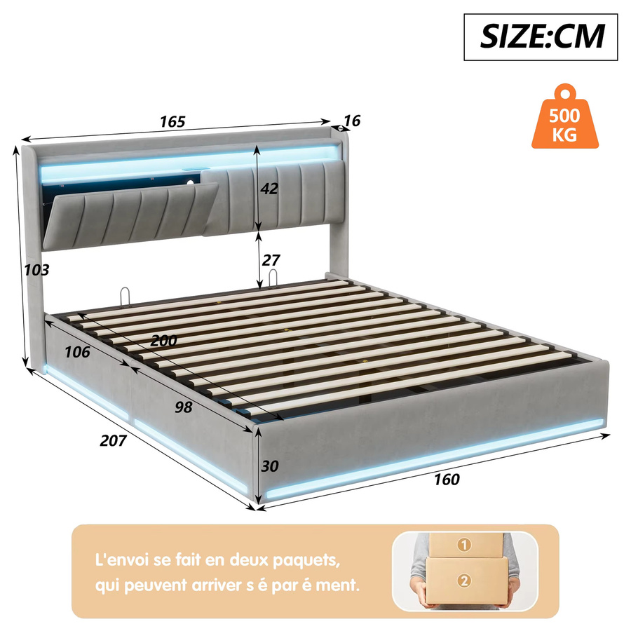 Simurq Polsterbett mit LED und Stauraum aus Samt, B/T: 140 x 200 cm, Grau - Bild 3