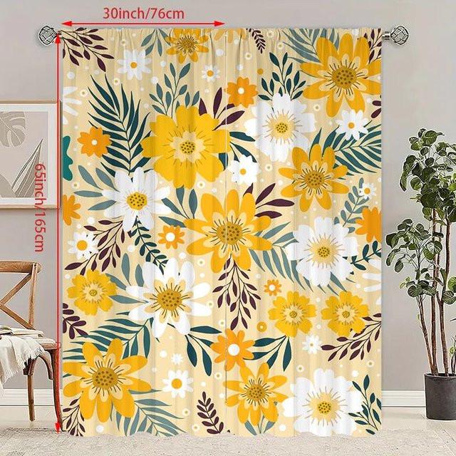 2er-Set Sonnenblumen Vorhang aus Polyester in Gelb, halbtransparentes Design mit floralem Muster für Wohnzimmer oder Schlafzimmer, Breite: 60 cm, Höhe: 150 cm - Bild 1