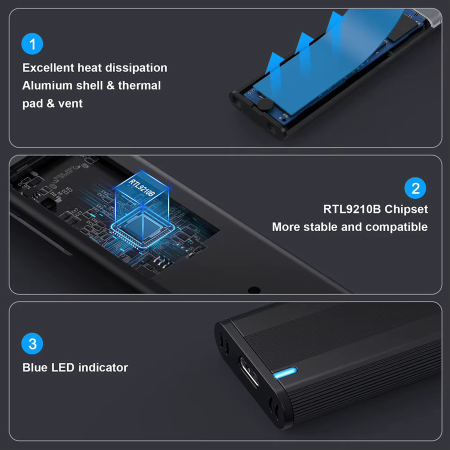 VODOOL Dual-Protokoll M.2 NVMe SSD-Gehäuse 10Gbps, werkzeugloser M.2 NVMe SSD-Adapter in Schwarz - Bild 5